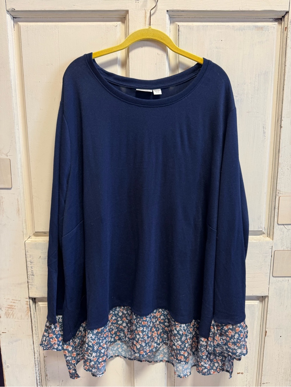 Avenue Navy Crewneck Sweater with Floral Ruffle Hem